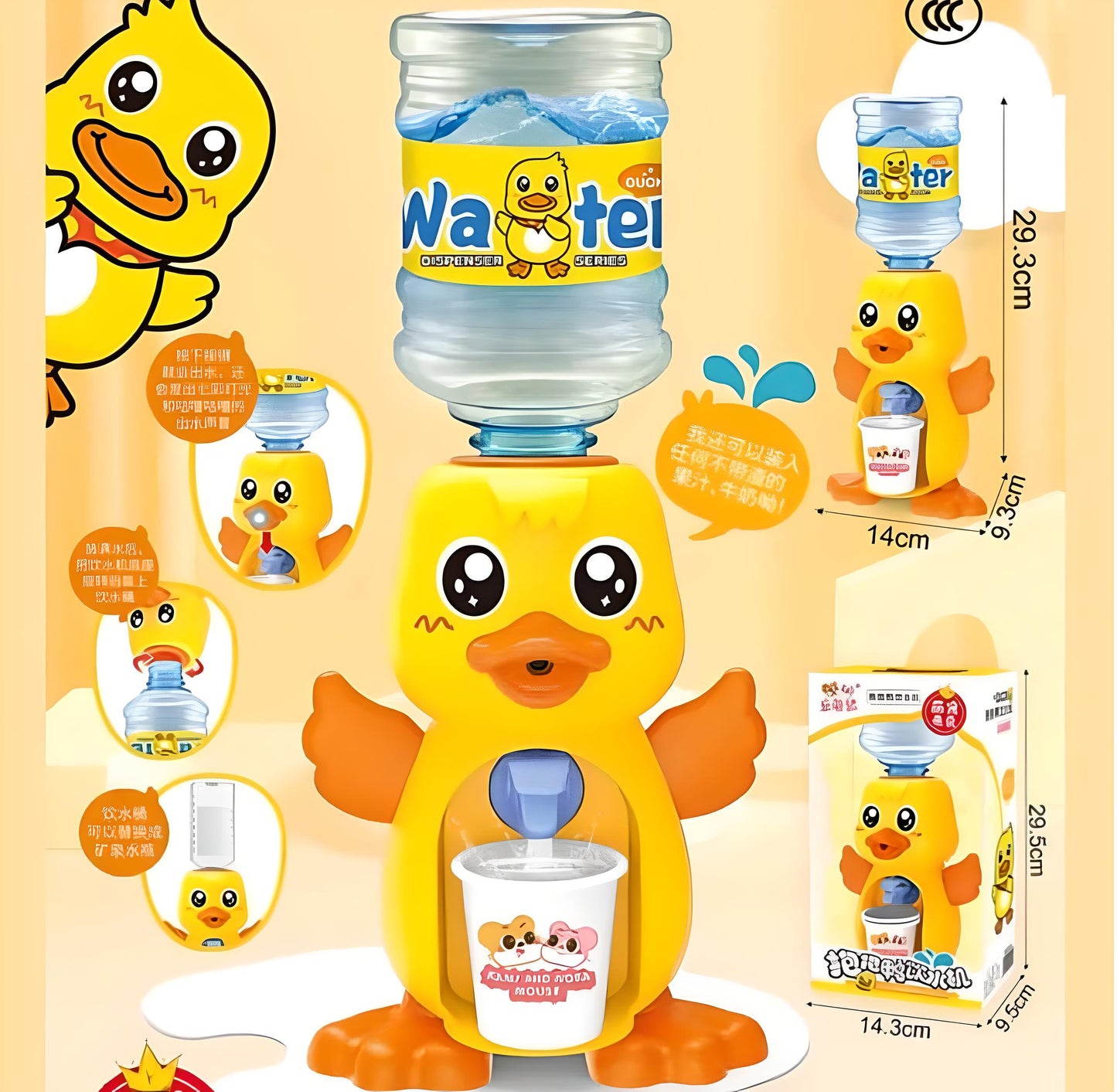 Mini Duck Water Dispenser Toy – LED Light & Sound Drinking Fountain for Kids | Dollhouse Play Kitchen Accessory
